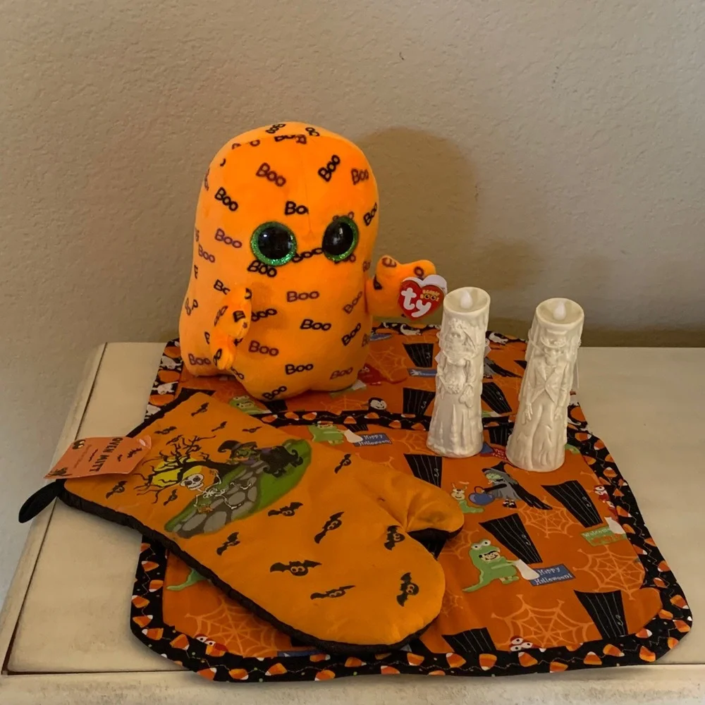 6 pc Ty Orange Boo Plush Halloween Kitchen table placemat ghost candles mitt lot - Picture 5 of 16